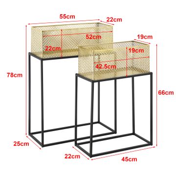 Set di 2 Portavasi in Metallo di Forma Rettangolare Supporto Nero per Piante con Coprivaso in Color Ottone in 2 Misure Diverse