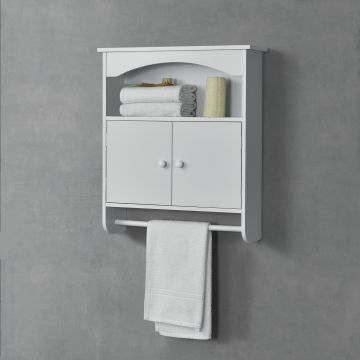 Armadietto Pensile a Bagno con Barra Portaasciugamano 61,3 x 53 x 15,5 cm Mobiletto a Muro con 2 Ante e Ripiani - Bianco