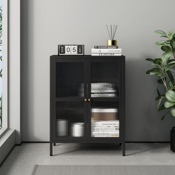 Credenza Säkylä con Ante in Vetro 84 x 64 x 35 cm Nero [en.casa]