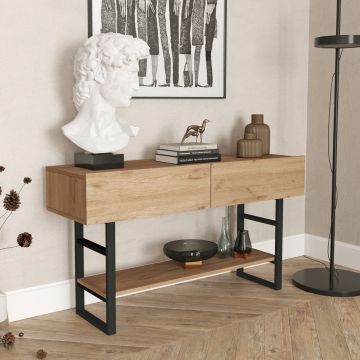 Tavolo Consolle Mobile Contenitore con Ripiano e Scomparti Chiusi con Ante a Ribalta Gambe in Metallo Mobile da Soggiorno Corridoio 76 x 139 x 43 cm- Effetto Rovere / Nero [en.casa] 