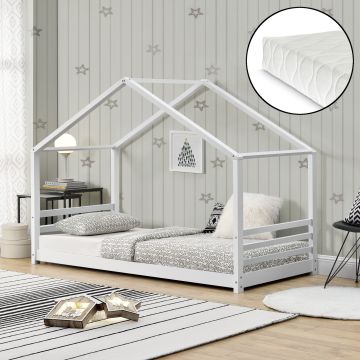 [en.casa] Lettino per Bambino con Materasso a Schiuma Fredda 90 x 200 cm Letto in Legno a Forma di Casetta con Materasso Anallergico Oeko-Tex Standard 100