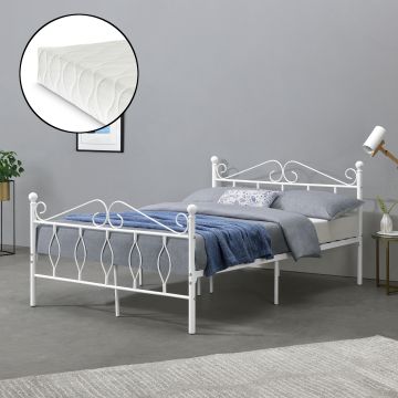 Struttura Letto in Metallo con Testiera e Pediera in Stile Romantico/Classico con Materasso 140 x 200 cm Letto Francese / Matrimoniale - Bianco