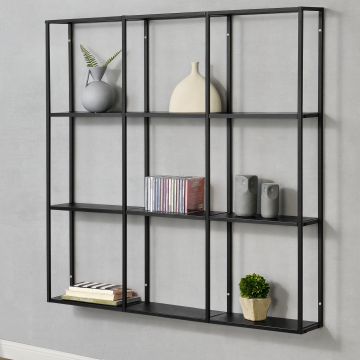 Scaffale da Parete (LxPxA) 100x18x110 cm Libreria Pensile con Ripiani su 3 Livelli, Struttura in Ferro, Mensola da Muro con 9 Scomparti di Forma Rettangolare - Nero