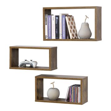 Set di 3 Mensole da Parete a Forma Rettangolare in Misure Diverse 3 Scaffali da Muro con 2 Ripiani Portaoggetti - Libreria - Effetto Legno Scuro