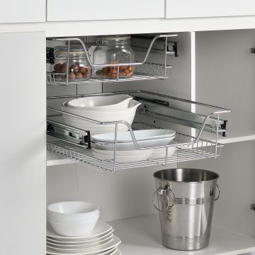 Set di 2 Cassetti Telescopici Cromati 47 x 44 x 14 cm 2x Cestelli a Rete Scorrevoli per Cucina / Guardaroba / Dispensa / Bagno