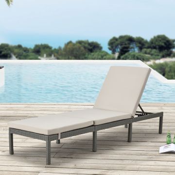 Lettino Prendisole Rivestito in Polyrattan - Sdraio con Materassino Incluso - Schienale Reclinabile in 4 Posizioni - Supporto Fino a 120 kg - Mobile da Giardino/Terrazzo/Piscina - Beige