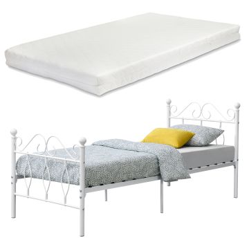 Struttura Letto in Metallo con Testiera e Pediera in Stile Romantico/Classico con Materasso 90/120/140 x 200 cm Letto 1 Piazza e Mezza/ Francese/Singolo - Bianco