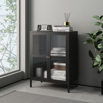 Credenza Säkylä con Ante in Vetro 84 x 64 x 35 cm Nero [en.casa]