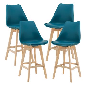 Set di 4 Sgabelli da Bar 4 Sedie Alta con Gambe di Legno Massello di Faggio con Poggiapiedi Seduta Imbottita Cucina/Bar/Ristorante - Vari Colori