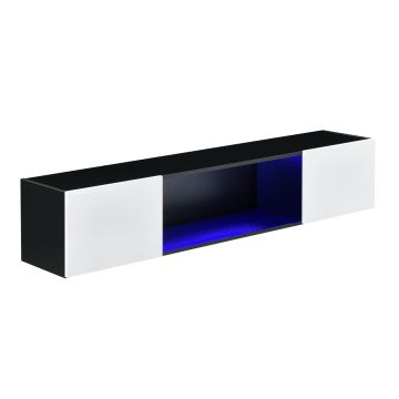 Armadio Nero da Parete con 2 Ante Bianche e 1 Ripiano Illuminato con LED a Luce Blu 150 x 30 x 30 cm Mobile/Consolle a Muro con Apertura Porta a Ribalta