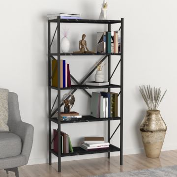 Scaffale da Terra 'Vanylven' Libreria a 5 Ripiani Mobile da Stoccaggio - Effetto Marmo Nero [en.casa]