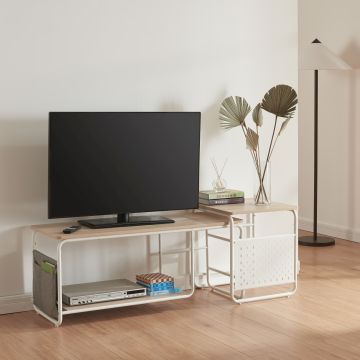 Set Dyrøy 2 in 1 Mobile TV e Tavolino Basso Sovrapponibile Bianco / Effetto Rovere [en.casa]