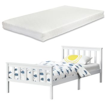 Letto Singolo in Legno di Pino con Materasso Ipoallergenico 90 x 200 cm Letto con Testiera e Pediera Alte - Bianco