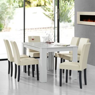 Set Pranzo con Tavolo 140x90 cm e 6 Sedie in Similpelle - Bianco / color Crema [en.casa] 