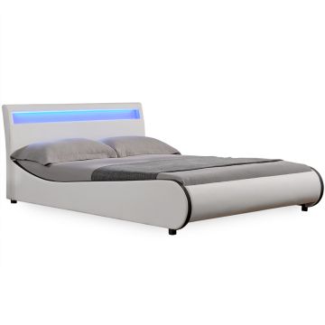 Letto Francese Imbottito Curvo 140x200 cm Testiera Alta con Illuminazione a LED Similpelle Bianco Corium