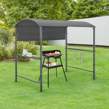 Gazebo per Barbecue con 2 Mensole e Ganci 215x220x140 cm Copertura / Riparo da Giardino per Griglia con Tenda Antipioggia, Parasole - Struttura in Acciaio, Tela in Tessuto Ignifugo - Grigio Scuro