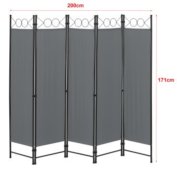 Paravento/Separè Decorativo per Interni/Balcone, 171 x 200 cm (AxL) Divisorio a 5 Pannelli per Camera da Letto/Studio Medico - Struttura Pieghevole - Vari Colori