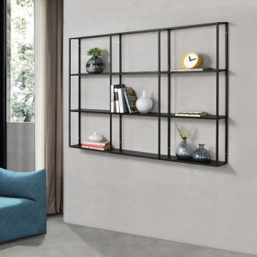 Scaffale da Parete (LxPxA) 130x18x110 cm Libreria Pensile con Ripiani su 3 Livelli, Struttura in Ferro, Mensola da Muro con 9 Scomparti di Forma Rettangolare - Nero