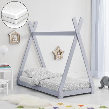 [en.casa] Letto per Bambino a Forma di Tenda Indiana con Materasso a Schiuma Fredda Anallergico Lettino Tipi in Legno di Pino in Stile Montessori con Materasso 80 x 160 cm - Grigio Chiaro