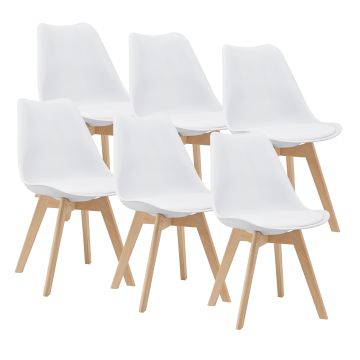 Set di 6 Sedie da Sala Pranzo con Gambe di Legno Massello di Faggio Seduta Imbottita e Rivestita in Similpelle - Bianco