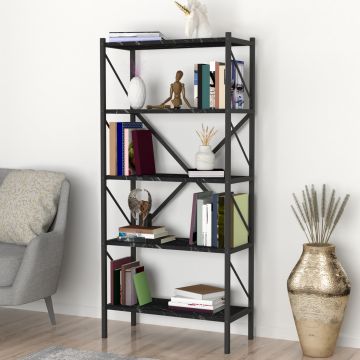 Scaffale da Terra 'Vanylven' Libreria a 5 Ripiani Mobile da Stoccaggio - Effetto Marmo Nero [en.casa]