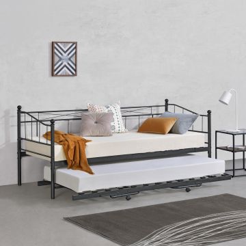 Divano in Metallo con Cornice Decorativa + Letto di Complemento con Gambe Pieghevoli e 4 Ruote, Sofa a 2-3 Posti di Seduta  e Secondo Letto Salvaspazio - Vari Colori