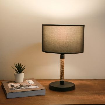 Lampada da Comodino 'Rayleigh' Lampada da Tavolo con Paralume Circolare in Tessuto e Stelo in Metallo con Corda di Iuta - Nero - lux.pro 