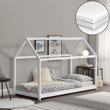 Letto per Bambino a Forma di Casetta con Materasso Ipoallergenico a Schiuma Fredda 70x140 cm Struttura in Legno in Stile Montessori - Color Bianco