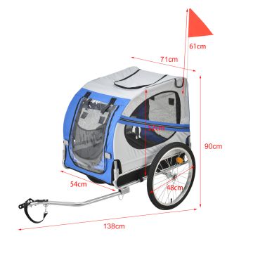 Rimorchio per Bicicletta per Trasporto Cani 138 x 71 x 90 cm Carrello per Trasporto Animali Domestici Carico Max.26 kg - Blu-Griggio-Nero