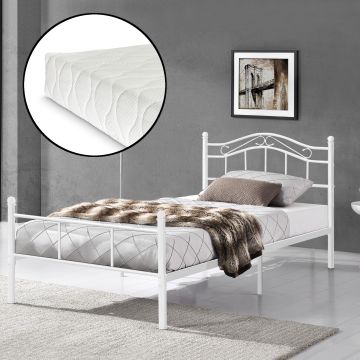 Letto Singolo Florenz in Acciaio con Testiera Decorativa e Materasso 90 x 200 cm Bianco [en.casa]