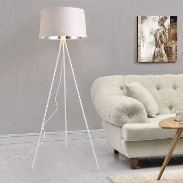 Lampada da Terra in Stile Treppiedi Alta 150 cm Piantana Tripode con Base in Metallo e Paralume Conico in Tessuto - Bianco - lux.pro