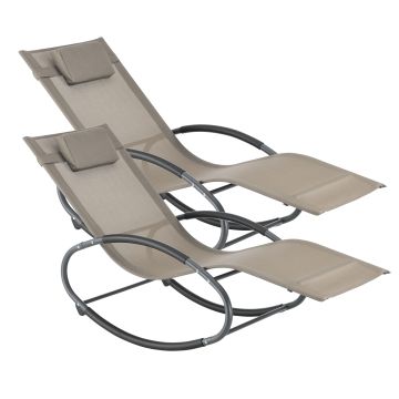 Set di 2 Sdraio a Dondolo da Giardino/Balcone, 2 Sedie a Sdraio Prendisole con Poggiatesta Rimuovibile, Lettino Oscillante con Gambe e Braccioli Rivestiti in Gomma Antiscivolo - Beige