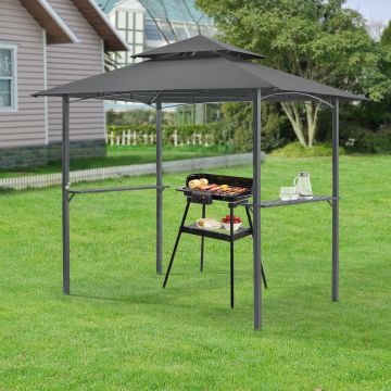 Gazebo per BBQ / Griglia 250x241x151 cm Riparo da Giardino con Tettucio Doppio e 2 Mensole Laterali - Struttura in Acciaio con Tenda in Tessuto Ignifugo - Grigio Scuro 