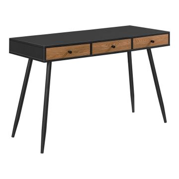 Scrivania (AxLaxP) 75 x 115 x 48 cm Consolle con 3 Cassetti, Scrittoio su Gambe in Metallo, Tavolo da Computer per Ufficio/Casa - Nero/Color Legno Scuro