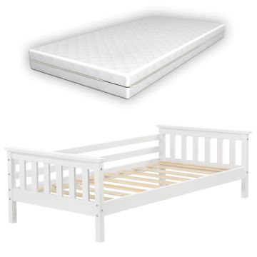 Letto per Bambino con Materasso Ipoallergenico a Schiuma Fredda 70x140 cm Letto di Design Moderno in Legno di Pino con Testiera e Pediera - Bianco