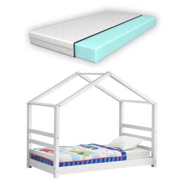 [en.casa] Lettino per Bambino con Materasso a Schiuma Fredda 80 x 160 cm Letto in Legno a Forma di Casetta con Materasso Anallergico Oeko-Tex Standard 100 - Color Bianco