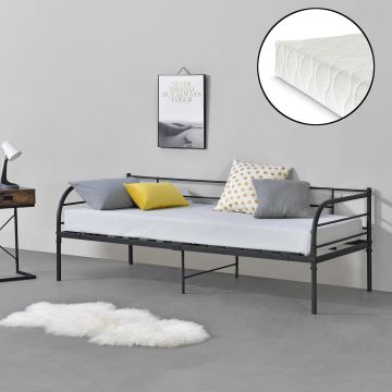 Divano in Metallo a 2-3 Posti di Seduta + Materasso a Schiuma Fredda 90 x 200 cm Supporto Max.150 kg Letto Singolo, Sofa in Acciaio con Testiera, Pediera - Nero, Opaco