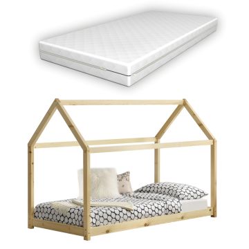 Letto per Bambino a Forma di Casetta con Materasso Ipoallergenico a Schiuma Fredda 70x140 / 80x160 cm Lettino di Design Struttura in Legno in Stile Montessori - Vari Colori