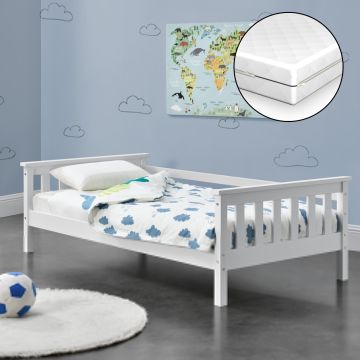 Letto per Bambino con Materasso Ipoallergenico a Schiuma Fredda 70x140 cm Letto di Design Moderno in Legno di Pino con Testiera e Pediera - Bianco