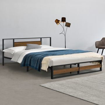 Struttura Letto in Acciaio con Elementi Decorativi in Effetto Legno di Color Noce 200 x 180 cm Letto Matrimoniale King Size in Stile Moderno - Nero