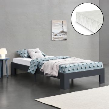 Letto in Legno di Pino con Materasso a Schiuma Fredda 120 x 200 cm Letto 1 Piazza e Mezza in Design Minimal - Grigio Scuro