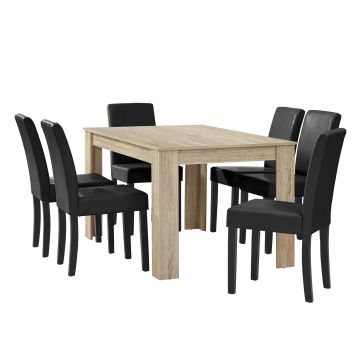 Set Pranzo con Tavolo 140x90 cm e 6 Sedie in Similpelle - Effetto Rovere Chiaro / Nero [en.casa] 