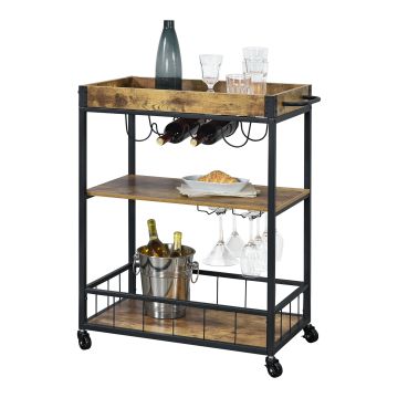 Carrello di Servizio con Vassoio Rimovibile e Ripiani in Color Legno Scuro Scaffale/Portavivande da Cucina/Mense con 4 Ruote Catering Ristorazione