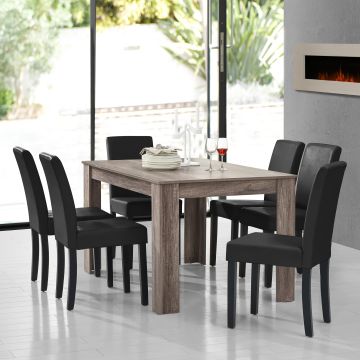 Set Pranzo con Tavolo 140x90 cm e 6 Sedie in Similpelle - Effetto Rovere Antico / Nero  [en.casa] 