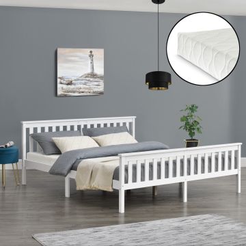 Letto Matrimoniale King Size in Legno di Pino con Materasso Ipoallergenico 180 x 200 cm Letto con Testiera e Pediera Alte - Bianco