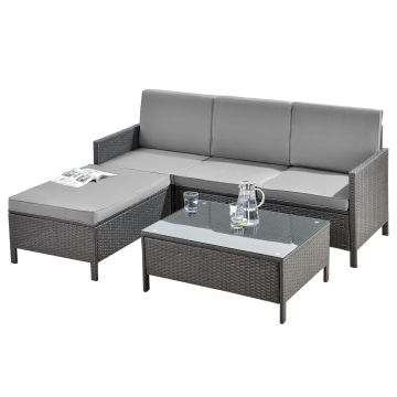 Set di Mobili da Giardino Fino a 4 Posti di Seduta Arredo Esterno in Polyrattan Set Composto di 1 Divano e 1 Sedile con Cuscini e 1 Tavolino Basso - Grigio