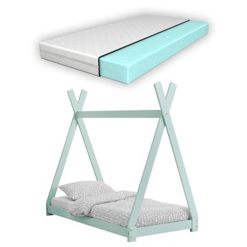 [en.casa] Letto per Bambino a Forma di Tenda Indiana con Materasso a Schiuma Fredda Anallergico Lettino Tipi in Legno di Pino in Stile Montessori con Materasso 70 x 140 cm - Color Menta