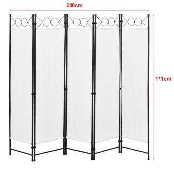 Paravento/Separè Decorativo per Interni/Balcone, 171 x 200 cm (AxL) Divisorio a 5 Pannelli per Camera da Letto/Studio Medico - Struttura Pieghevole - Bianco