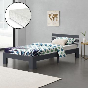 Letto in Legno di Pino con Materasso a Schiuma Fredda 120 x 200 cm Letto 1 Piazza e Mezza con Testiera in Stile Moderno - Grigio Scuro