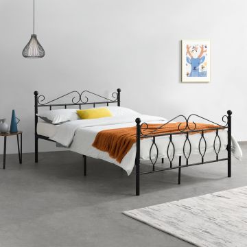 Struttura Letto in Metallo con Testiera e Pediera in Stile Romantico/Classico 140 x 200 cm Letto Francese / Matrimoniale - Nero